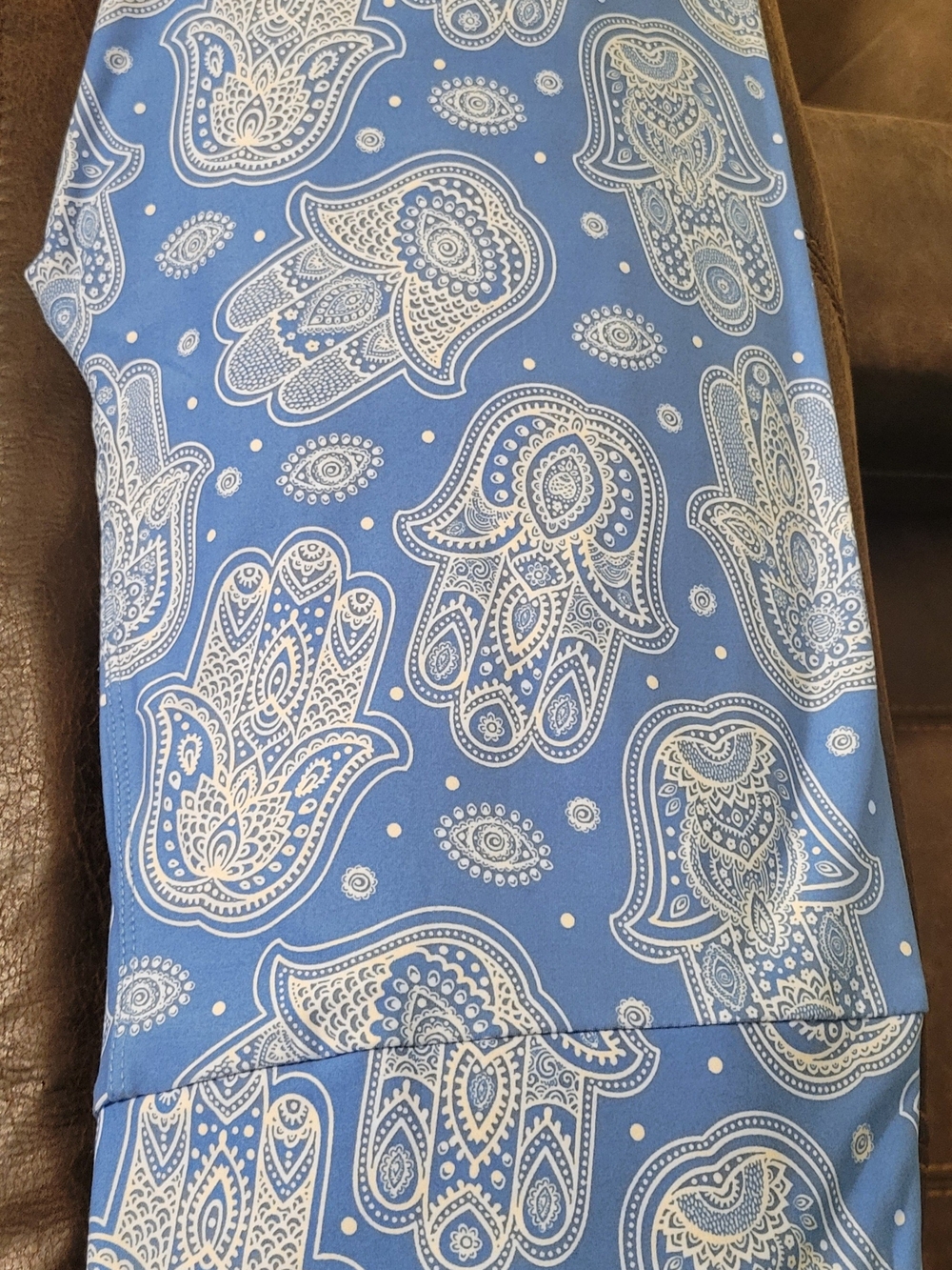 LuLaRoe Straight Leg Pants in Blue with White Hamsa Print. TC NWOT